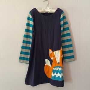 Mini Boden Blue Gray Fox Patchwork Long Sleeve Dress Cotton Girls 6-7 Years